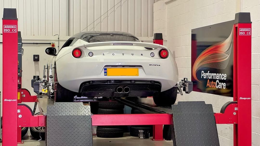 White Evora in Performance Autocare Workshop