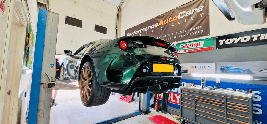 Green Evora in Performance Autocare Workshop