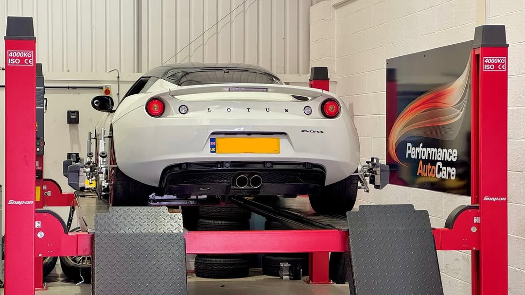 White Evora in Performance Autocare Workshop