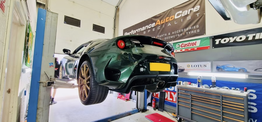 Green Evora in Performance Autocare Workshop